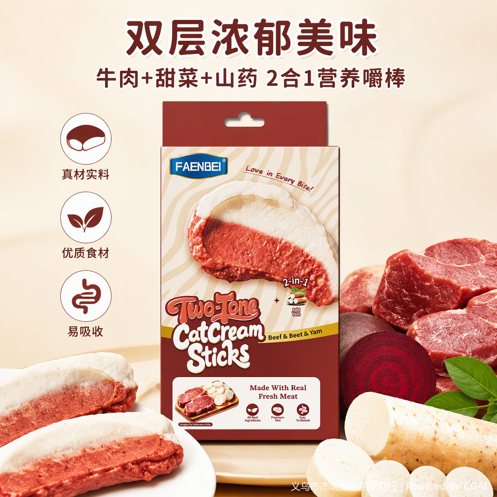 A variety of cat snacks, pet food, beef, beet, yam, and two-color cat strips Item Picture