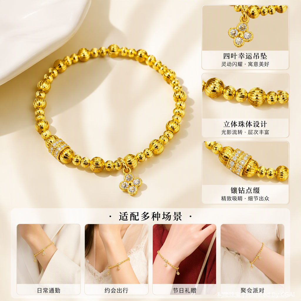 LS-63-33时尚金色沙金珠串手链简约复古手饰男女款百搭手链饰品
