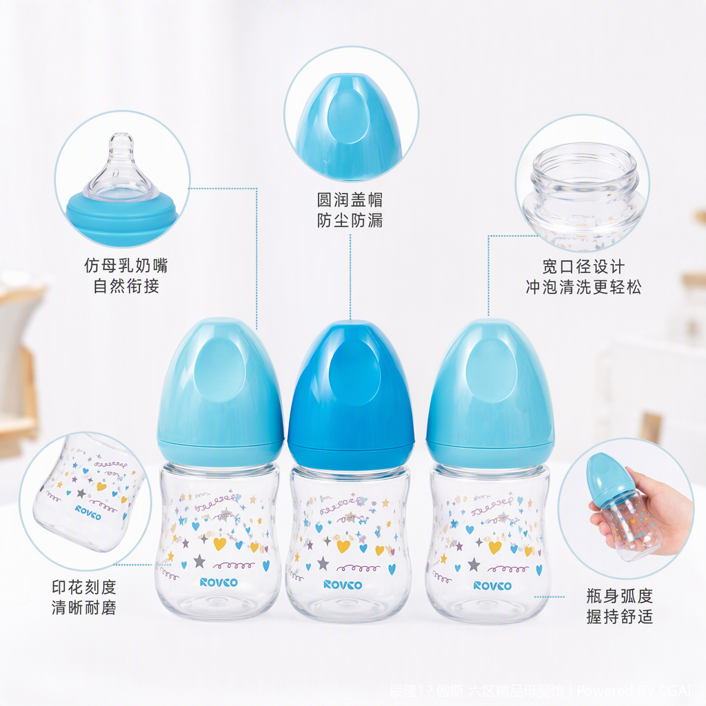 【OSEO】26Q4#W1004-1 Infant bottle with three blue caps, PP material anti-drop shaking milk feeding product full image