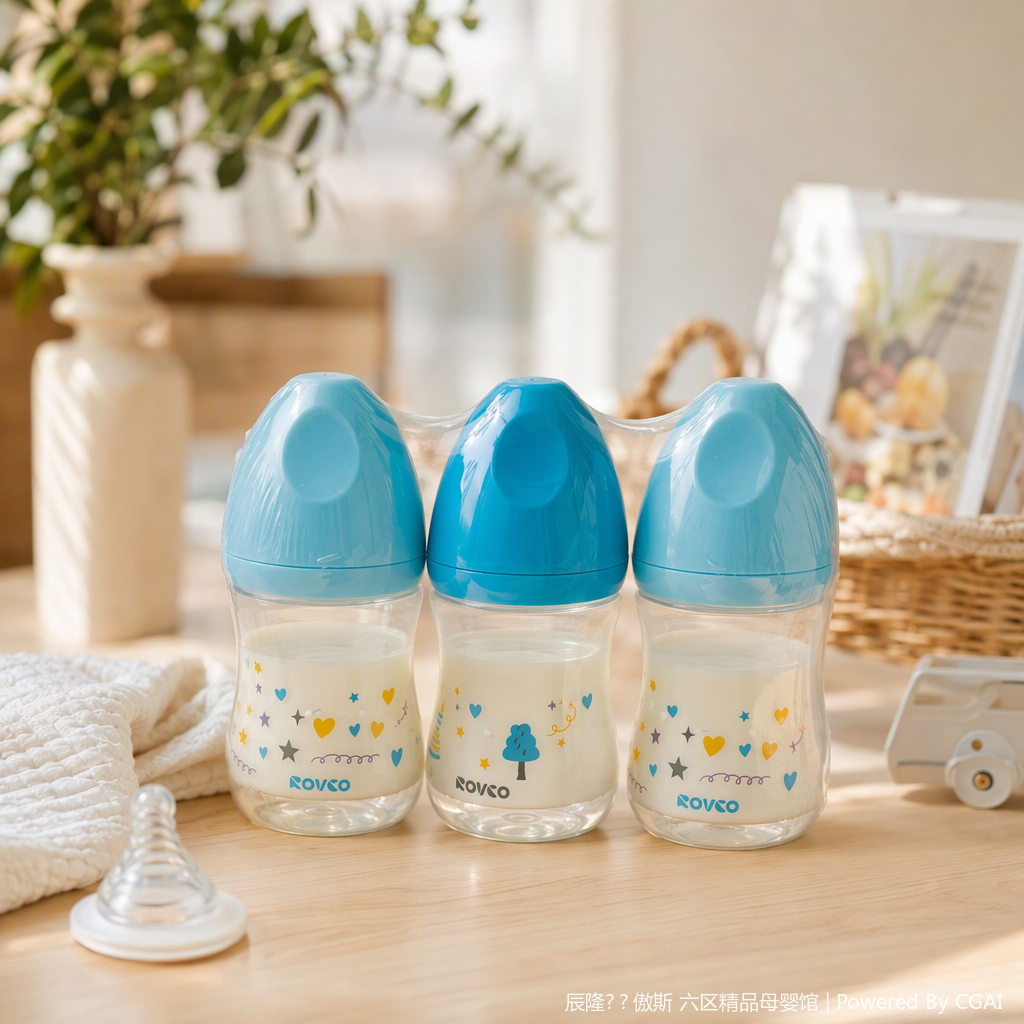 【OSEO】26Q4#W1004-1 Infant bottle with three blue caps, PP material anti-drop shaking milk feeding product details Picture