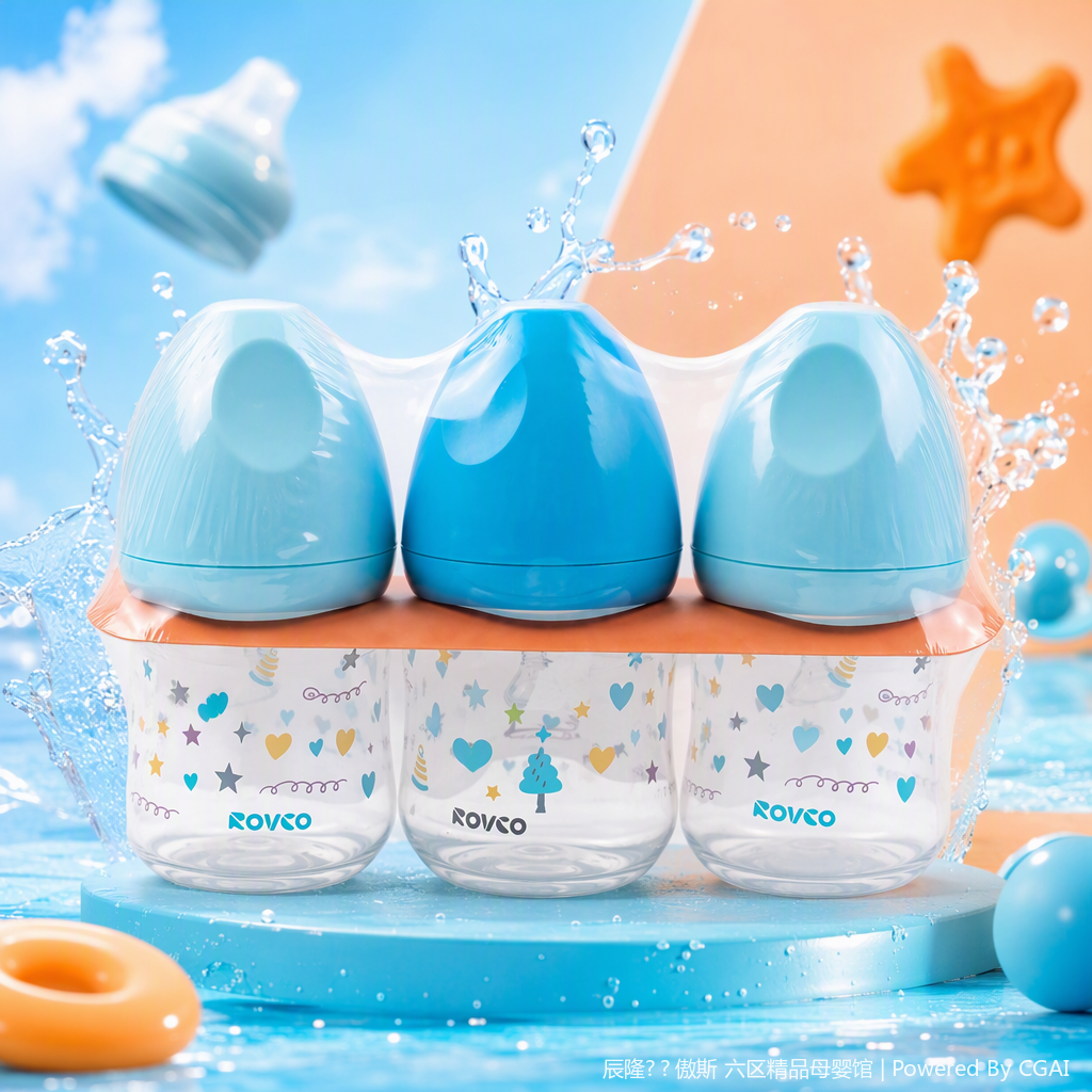 【OSEO】26Q4#W1004-1 Infant bottle with three blue caps, PP material anti-drop shaking milk feeding product Specification image