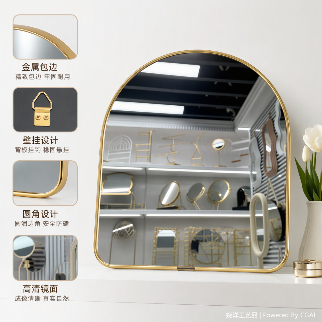 金色边框拱形地面镜现代简约客厅卧室装饰防滑底座大号全身镜