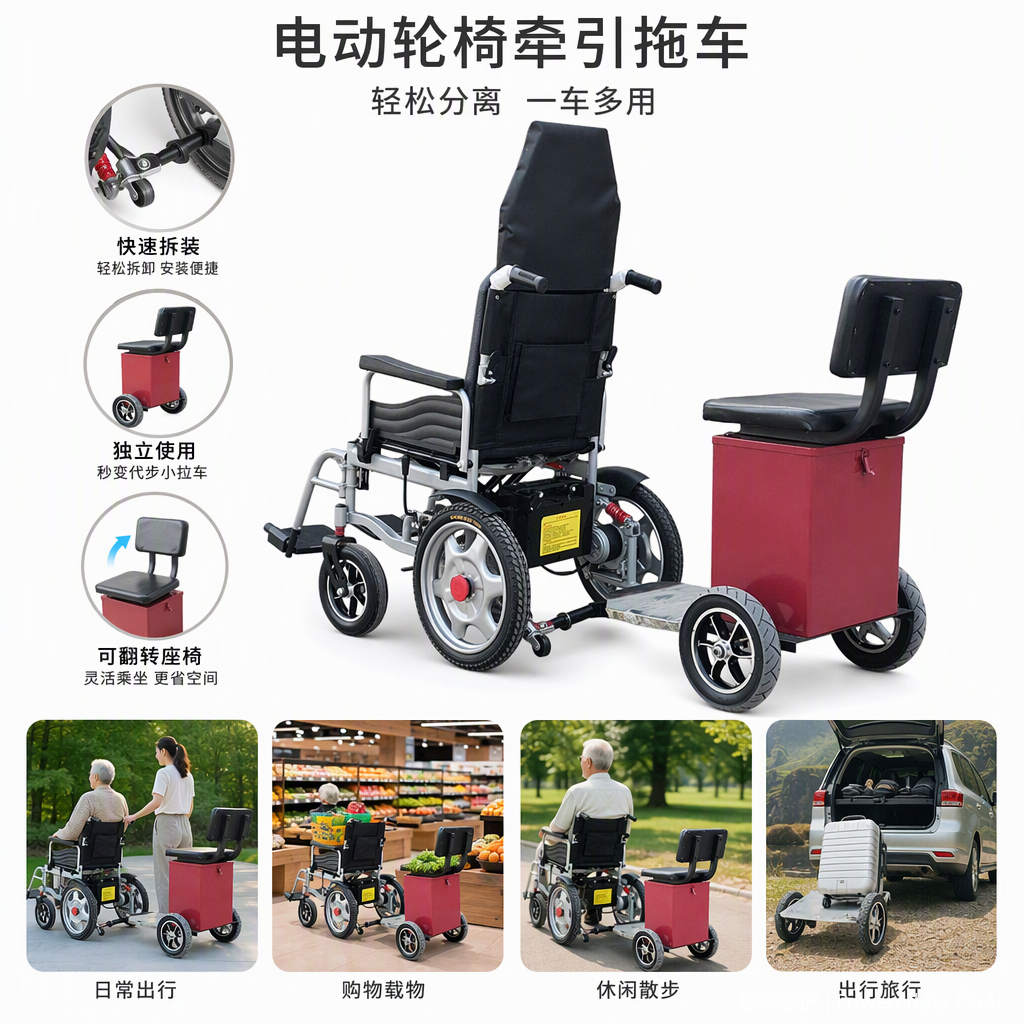电动轮椅配红色拖车附件便携式多功能辅助出行配件适用多场景