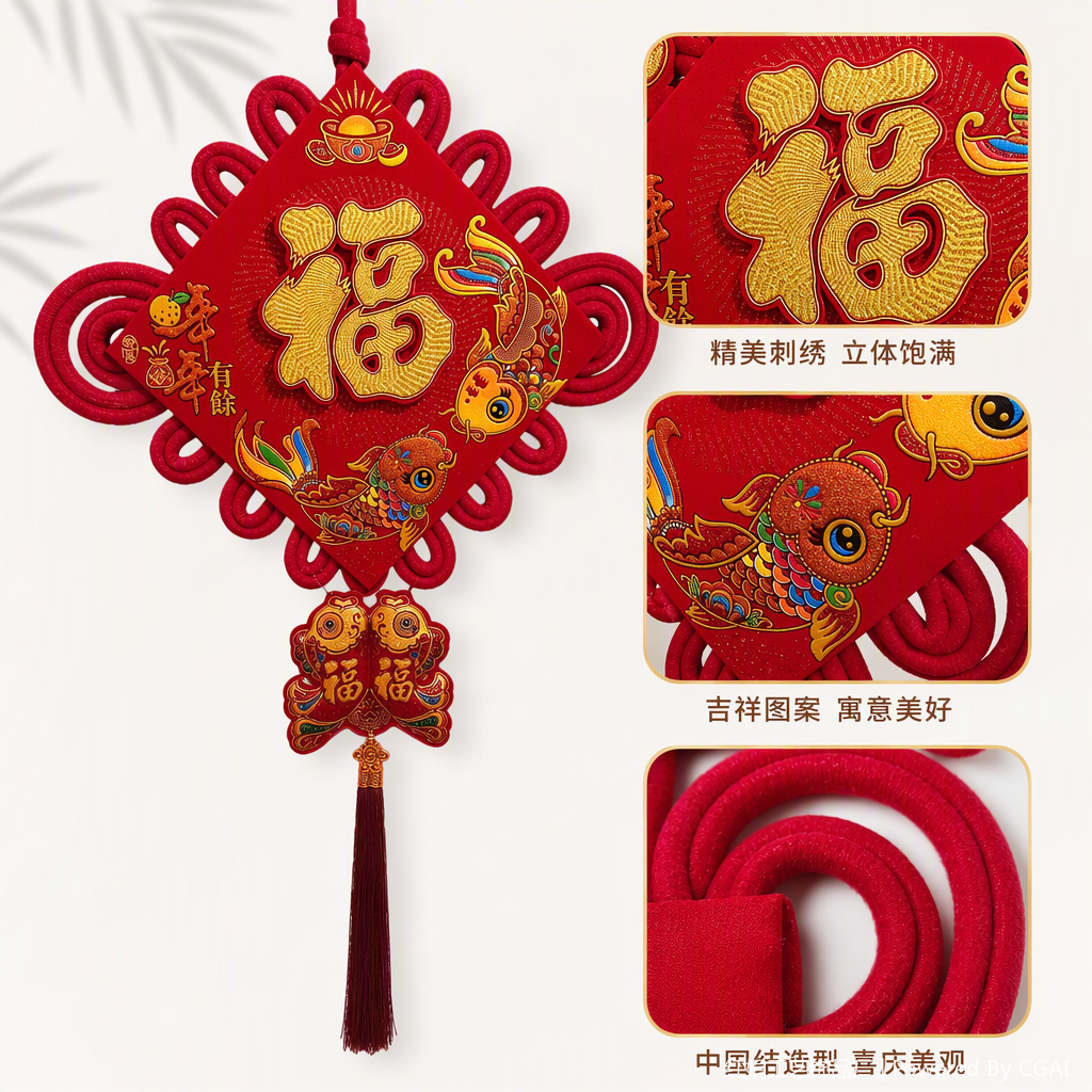 Red Chinese knot pendant, handcrafted decorative item with the character "Fu" and double fish patterns, auspicious festival gift, home decoration