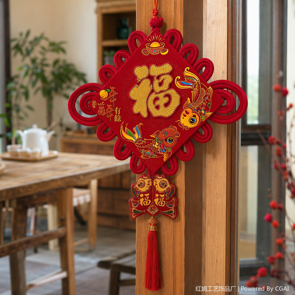 Red Chinese knot pendant, handcrafted decorative item with the character "Fu" and double fish patterns, auspicious festival gift, home decoration details Picture