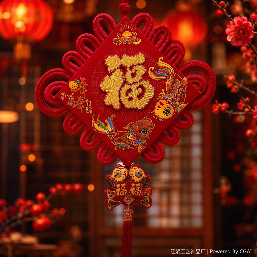 Red Chinese knot pendant, handcrafted decorative item with the character "Fu" and double fish patterns, auspicious festival gift, home decoration Specification image