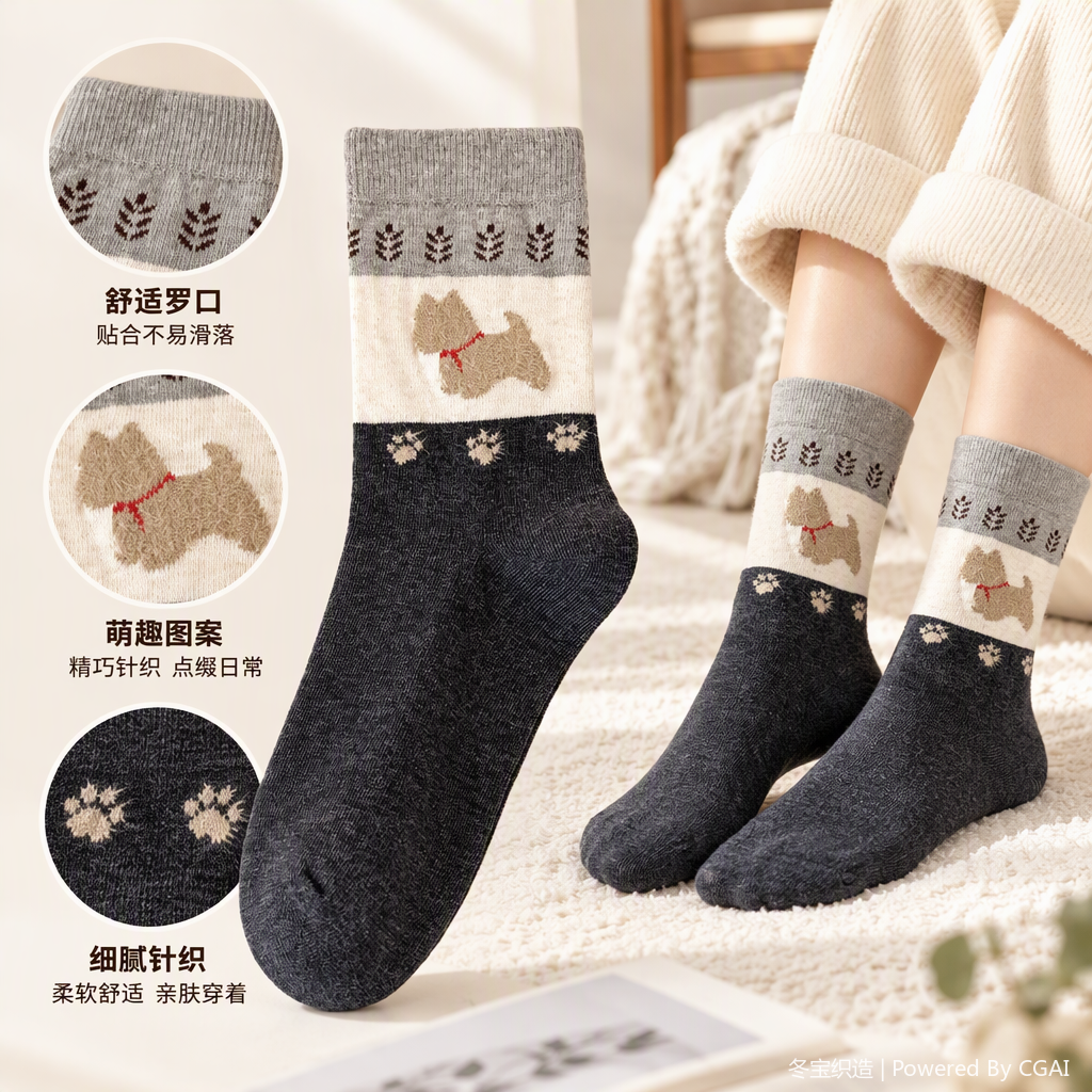 Grey knitted socks with dog patterns are casual, comfortable, cute, trendy and versatile. They are perfect for girls and boys