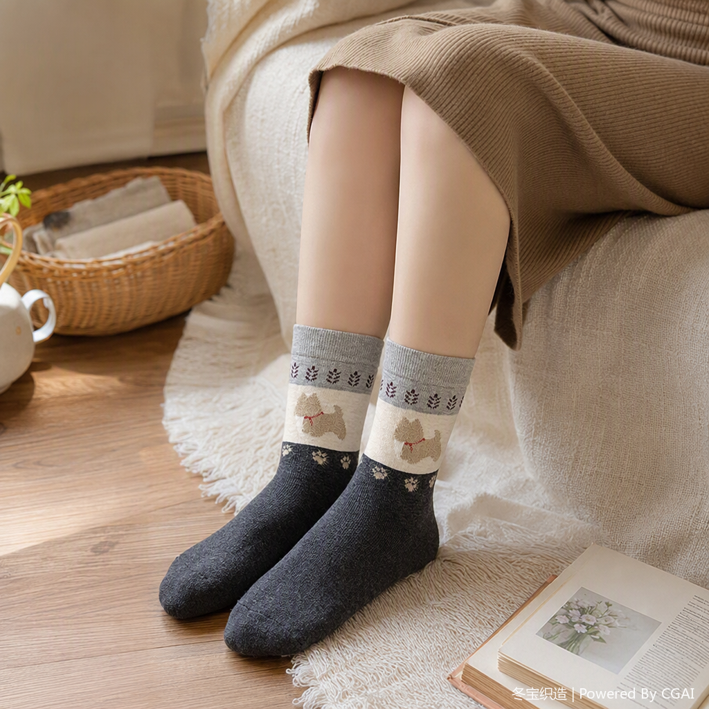 Grey knitted socks with dog patterns are casual, comfortable, cute, trendy and versatile. They are perfect for girls and boys details Picture