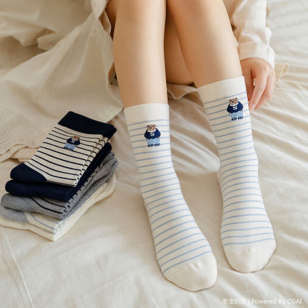 Azul marino gris leche blanco azul rayas medias oso bordado casual versátil cómodo tendencia details Picture