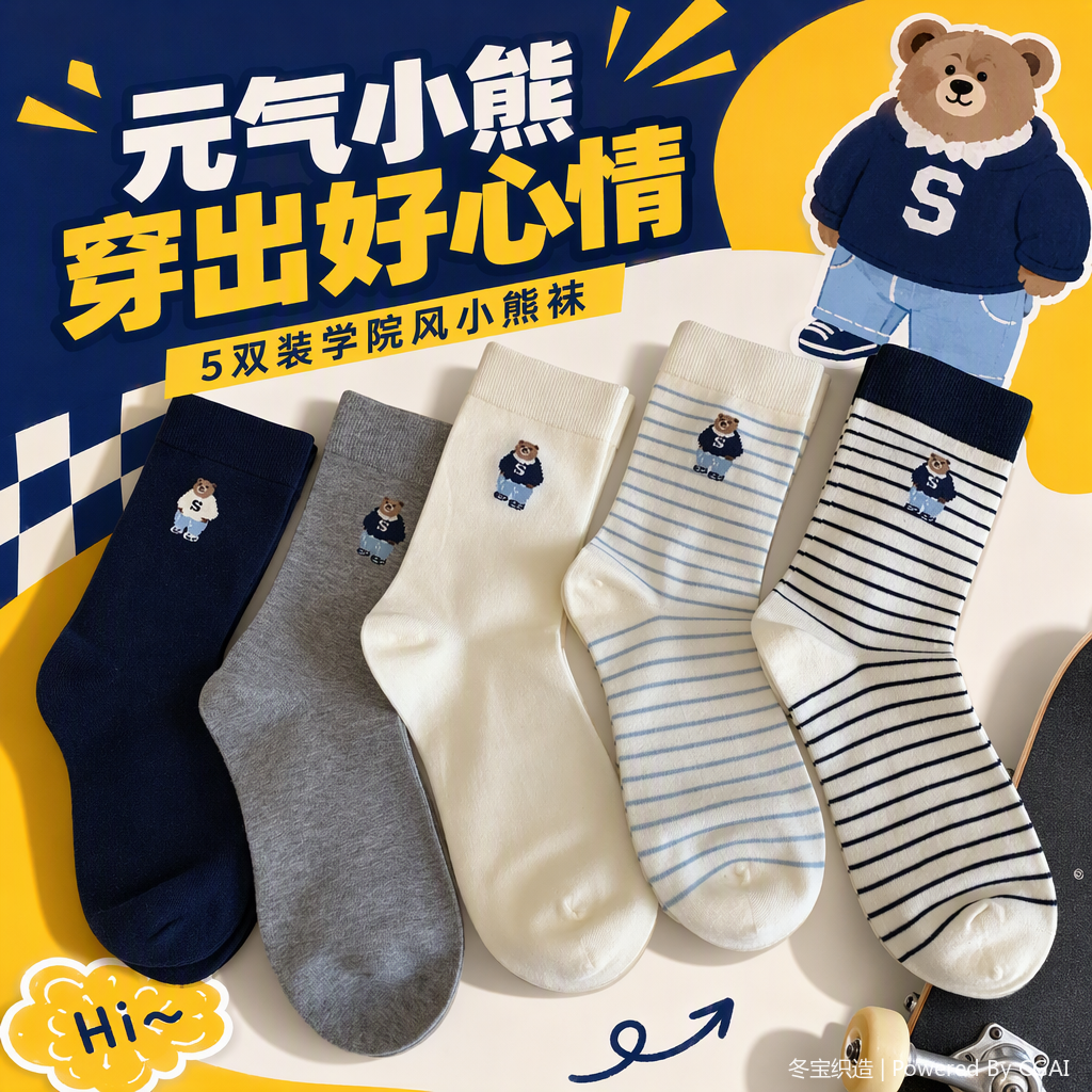 Azul marino gris leche blanco azul rayas medias oso bordado casual versátil cómodo tendencia Specification image