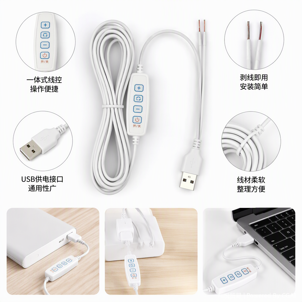 White USB power supply cable with remote control switch, multi-functional data cable, computer and mobile phone charging cable, portable control cable full image