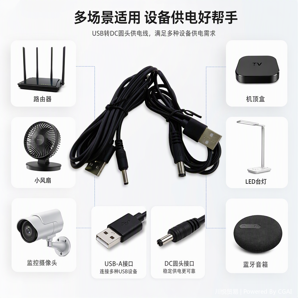 Black USB-to-DC power cord, multi-functional charging connection cable adapter, computer and mobile phone charging cable, portable data transmission cable
