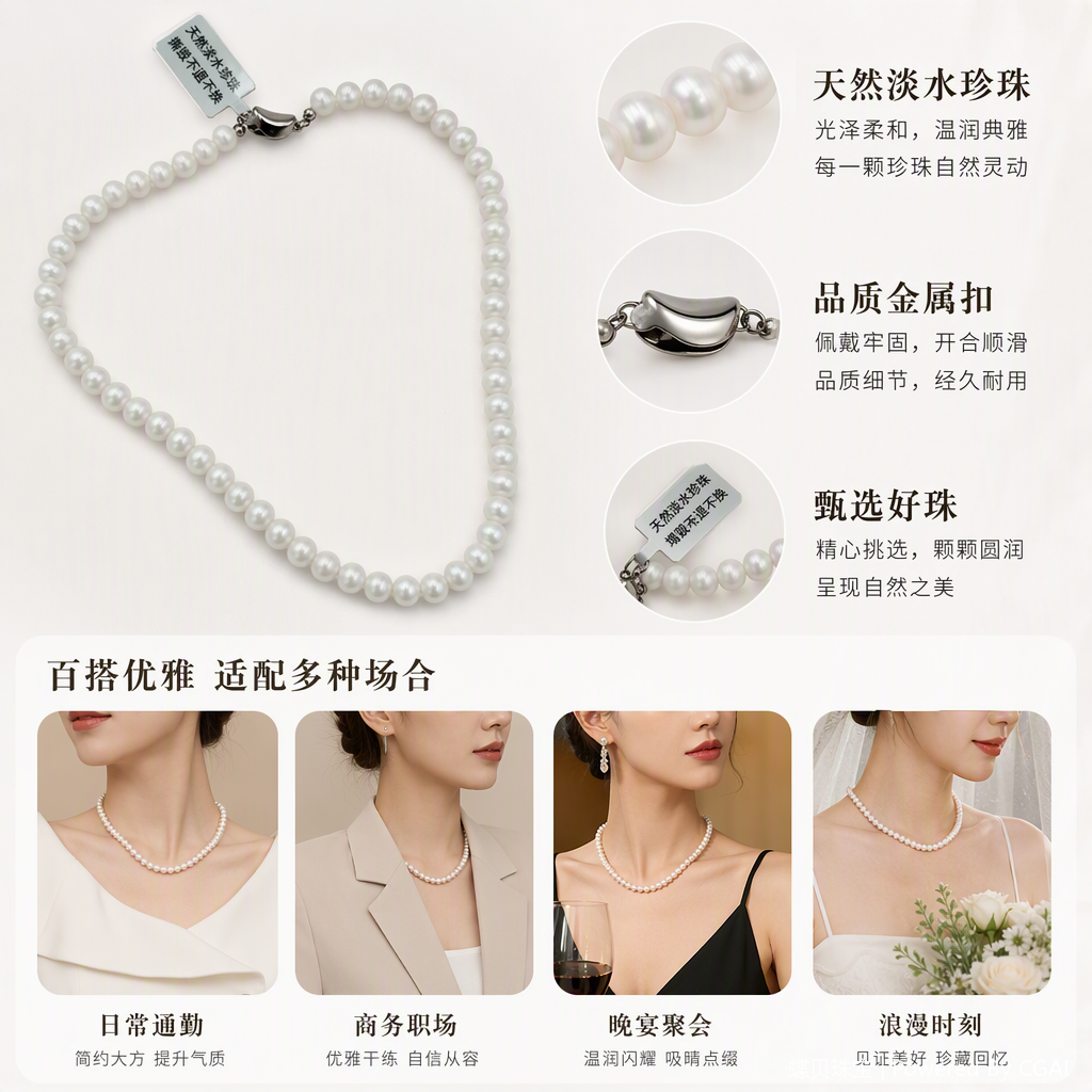 Elegant, pure and natural freshwater pearl necklace, simple and stylish for women, a perfect gift