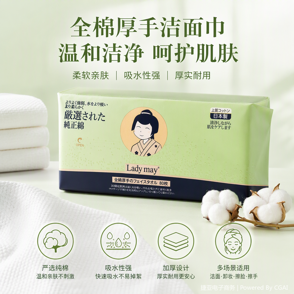 Lady may纯棉洗脸巾绿色包装柔韧细腻多用途面部清洁家庭护理必备