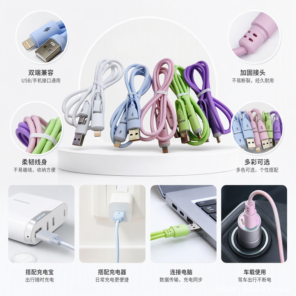 The multi-functional five-color data transmission charging cable is a durable charging cable compatible with multiple devices for mobile phones and tablets