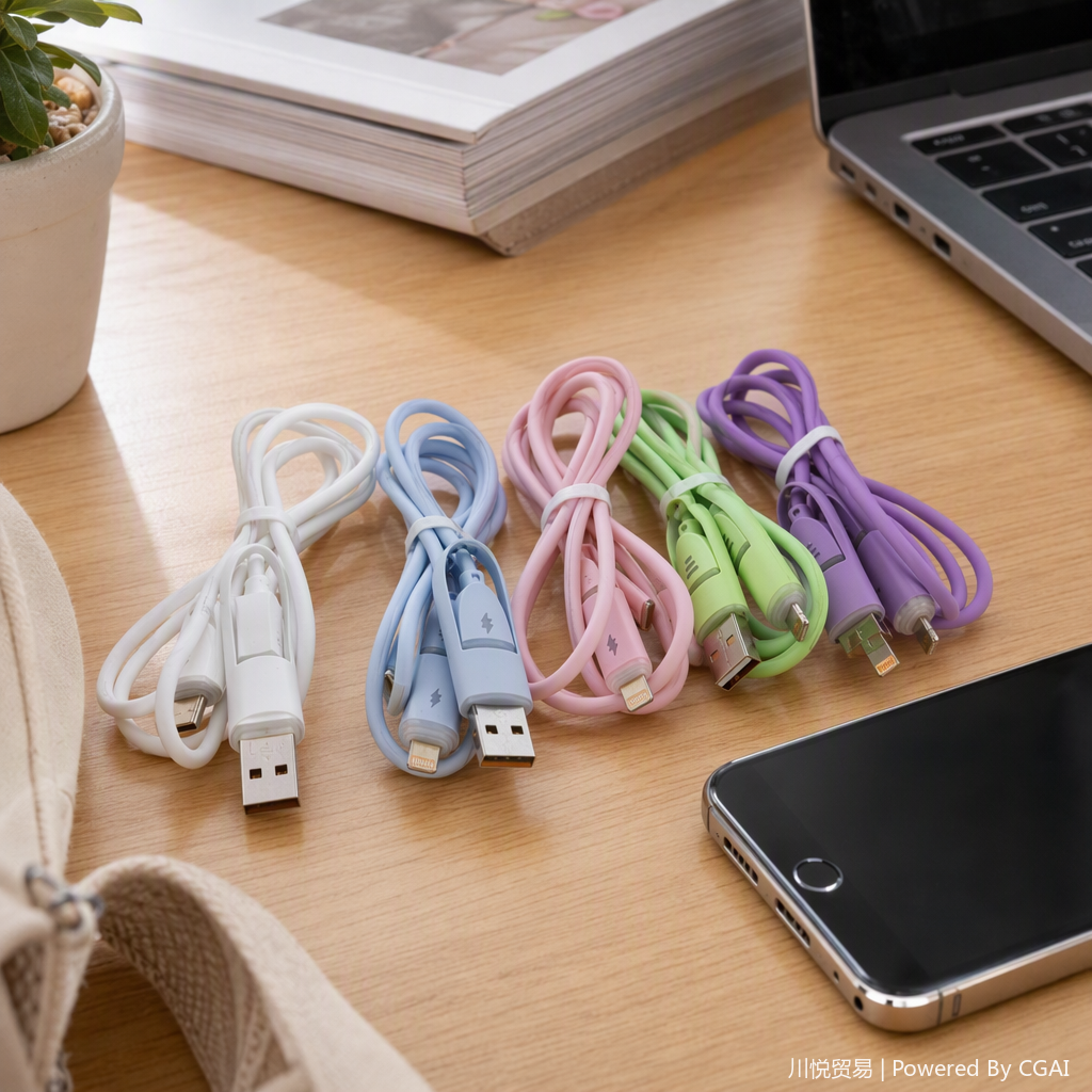 The multi-functional five-color data transmission charging cable is a durable charging cable compatible with multiple devices for mobile phones and tablets details Picture