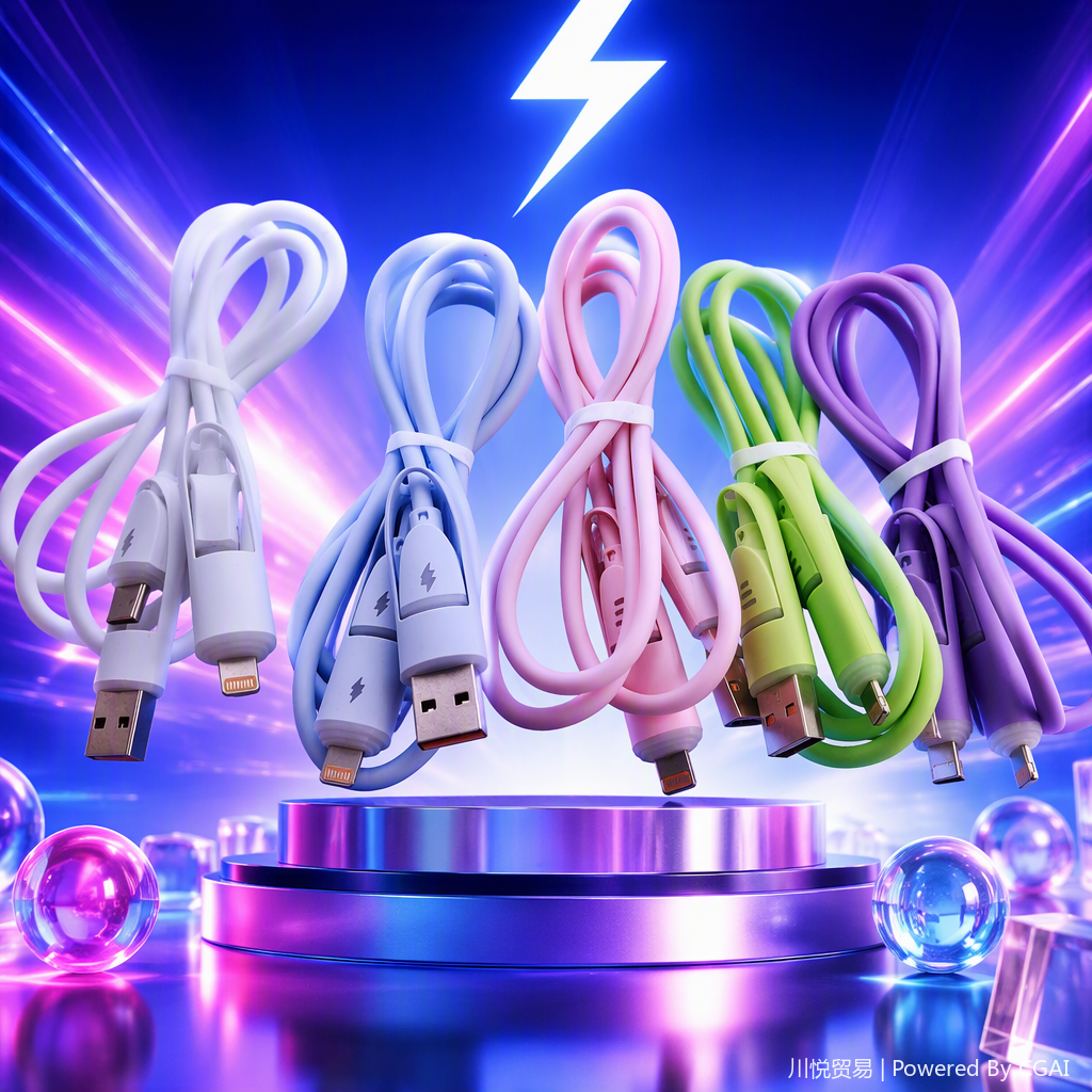 The multi-functional five-color data transmission charging cable is a durable charging cable compatible with multiple devices for mobile phones and tablets Specification image