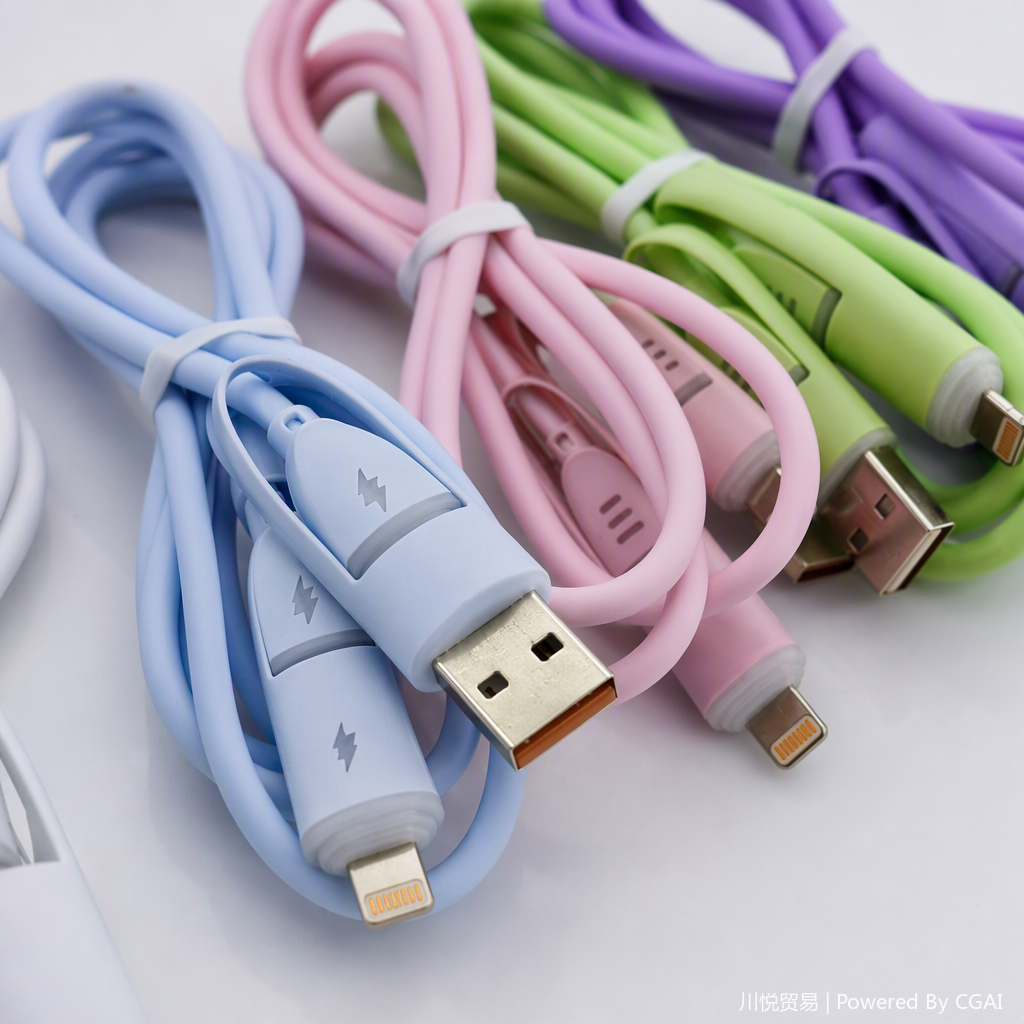 The multi-functional five-color data transmission charging cable is a durable charging cable compatible with multiple devices for mobile phones and tablets Application Scenario