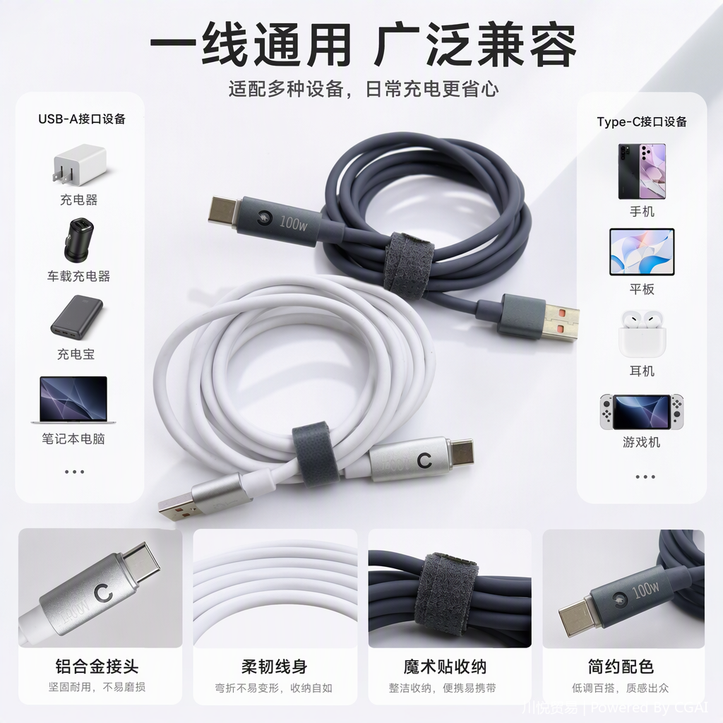 Grey 100W fast charging data cable, white USB-C to USB-A charging cable, high-speed mobile phone and tablet charging cable