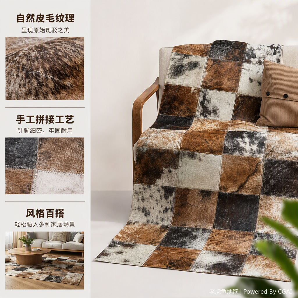 Fashionable patchwork cowhide carpet for living room and bedroom, anti-slip and wear-resistant floor mat, simple and modern decoration
