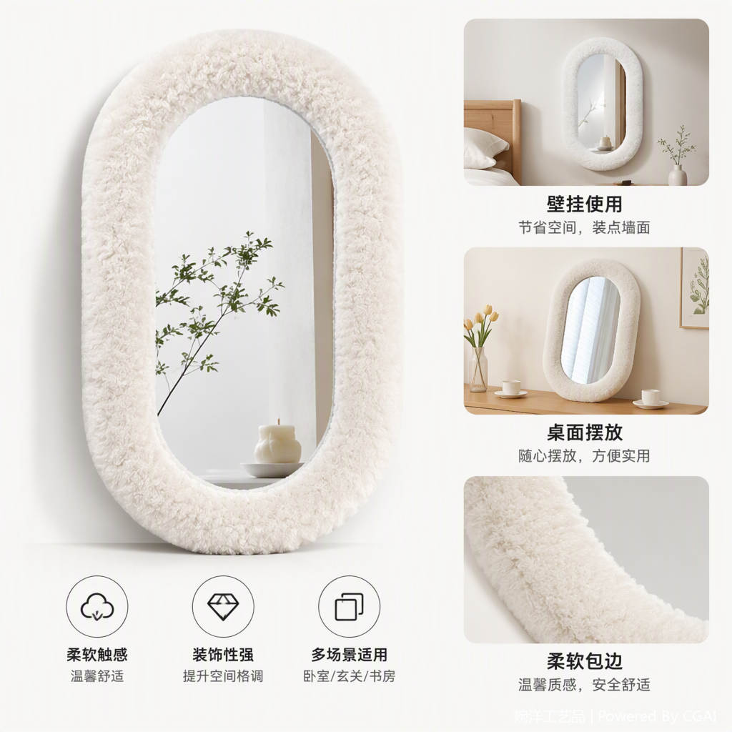 白色毛绒边框椭圆形化妆镜时尚简约家用梳妆镜子装饰用品