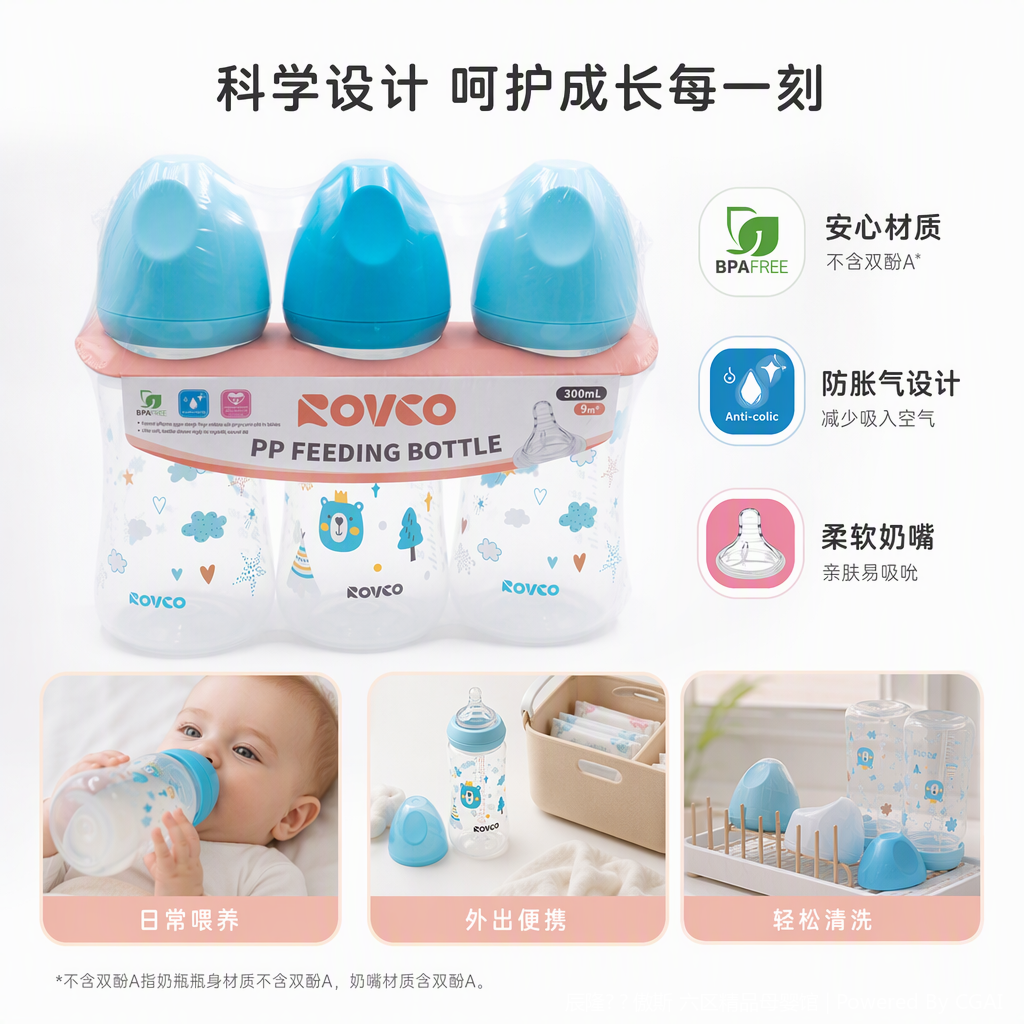 【OSEO】26Q4#W1022-1 ROVCO baby Bottle Three-in-one Set with blue cap made of PP material, suitable for feeding infants and young children in three packs 【OSEO】26Q4#W1022-1 ROVCO baby Bottle Three-in-one Set with blue cap made of PP material, suitable for feeding infants and young children in three packs