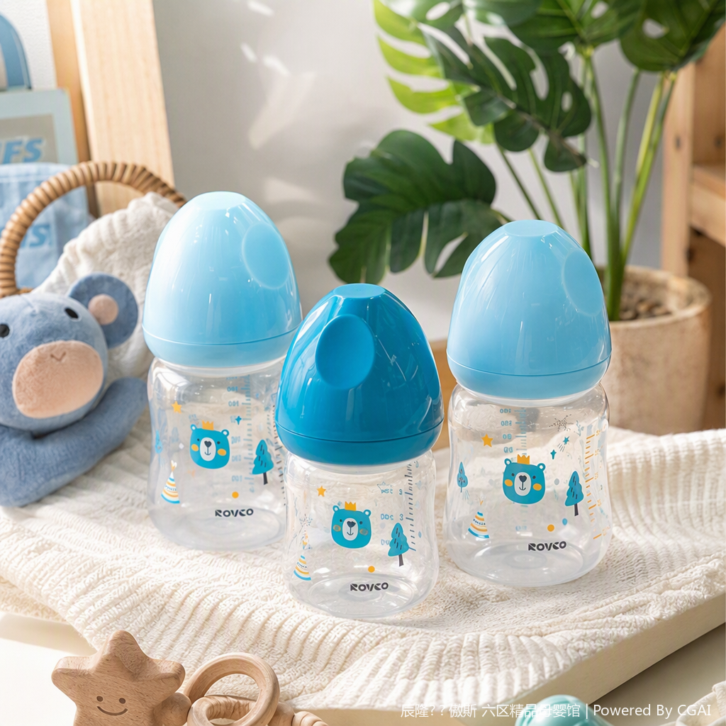 【OSEO】26Q4#W1022-1 ROVCO baby Bottle Three-in-one Set with blue cap made of PP material, suitable for feeding infants and young children in three packs details Picture