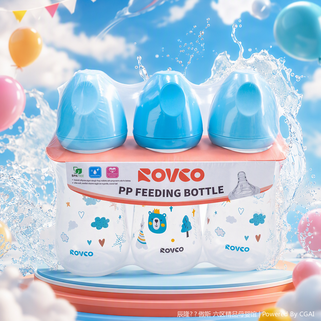 【OSEO】26Q4#W1022-1 ROVCO baby Bottle Three-in-one Set with blue cap made of PP material, suitable for feeding infants and young children in three packs Specification image