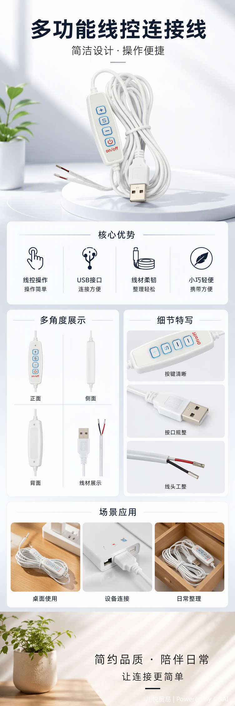 White USB power supply cable with remote control switch, multi-functional data cable, computer and mobile phone charging cable, portable control cable pic 1