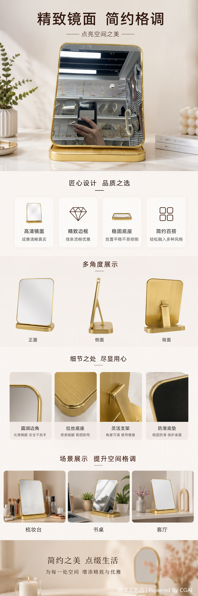金色边框时尚化妆镜大号便携桌面镜子梳妆镜带灯化妆用品装饰用品详情1