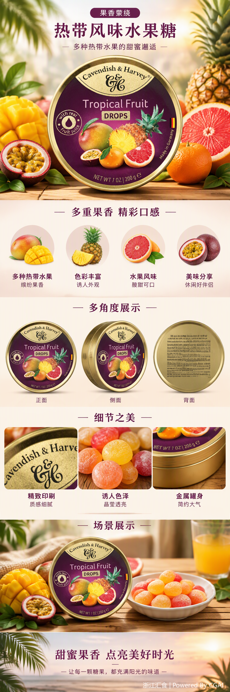 Dorado redondo enlatado dulce de frutas tropicales Cavendish Harvey tropical frutado gommy snacks casuales pic 1