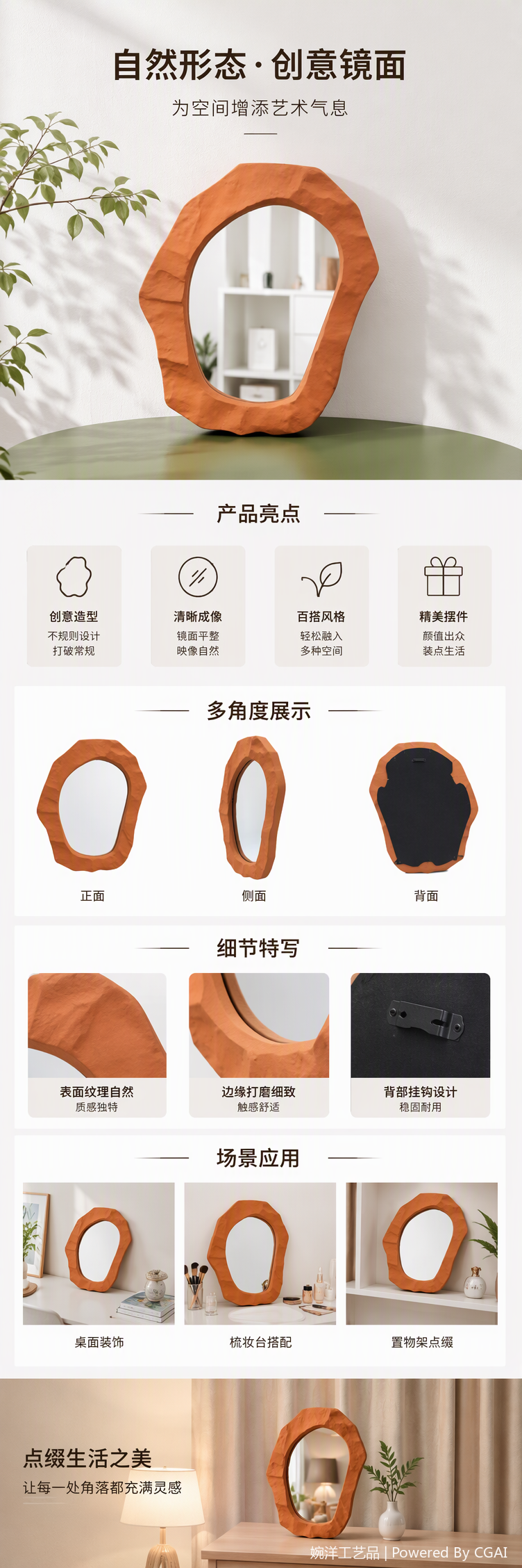 创意橙色不规则褶皱边框小镜子简约时尚家居装饰品礼品赠品详情1
