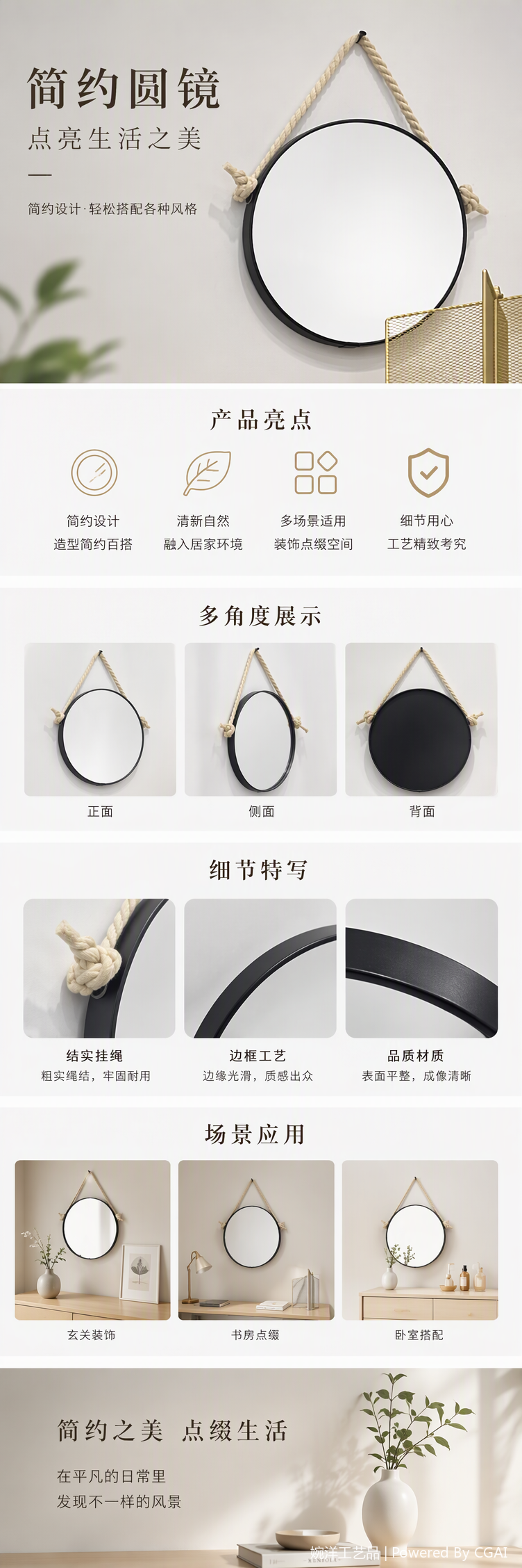 复古黑色边框圆形镜子麻绳悬挂装饰简约现代家居挂件创意装饰品详情1