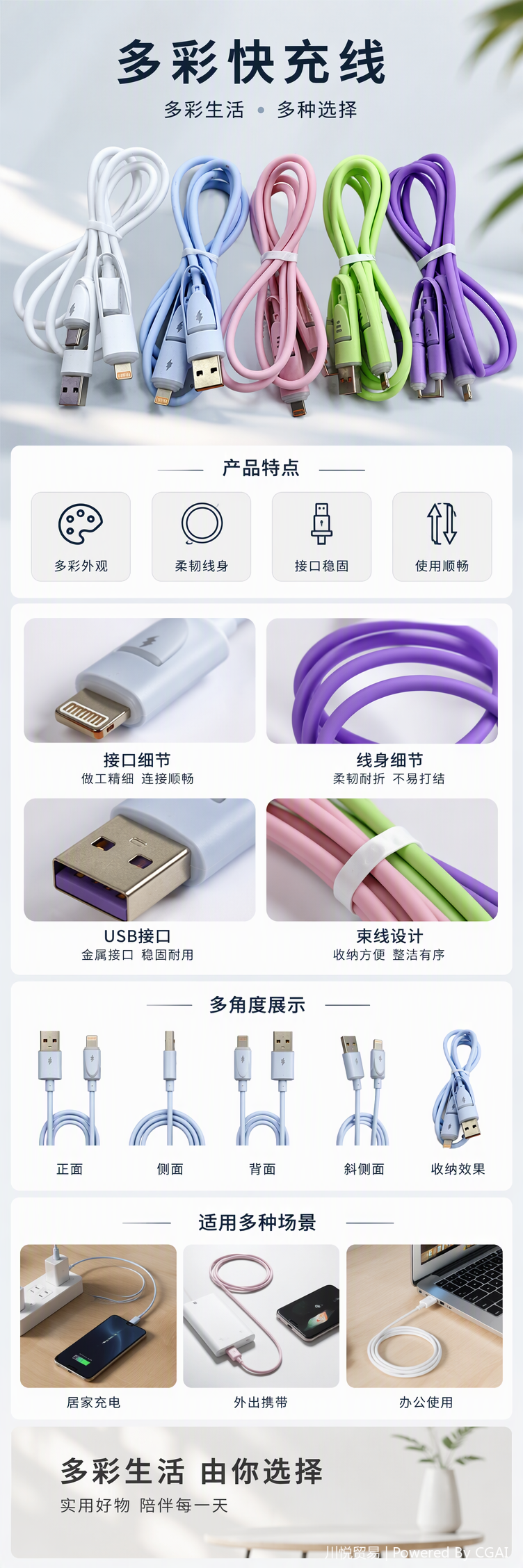 The multi-functional five-color data transmission charging cable is a durable charging cable compatible with multiple devices for mobile phones and tablets pic 1