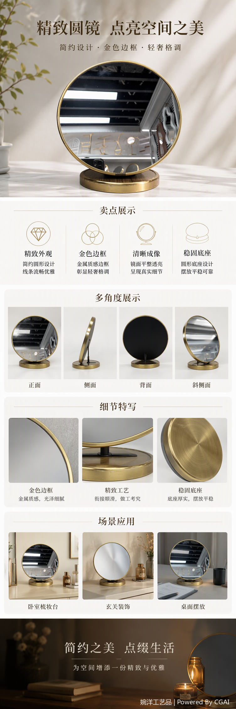 金色边框圆形化妆镜台式便携高清放大镜美容镜梳妆镜子装饰用品详情1