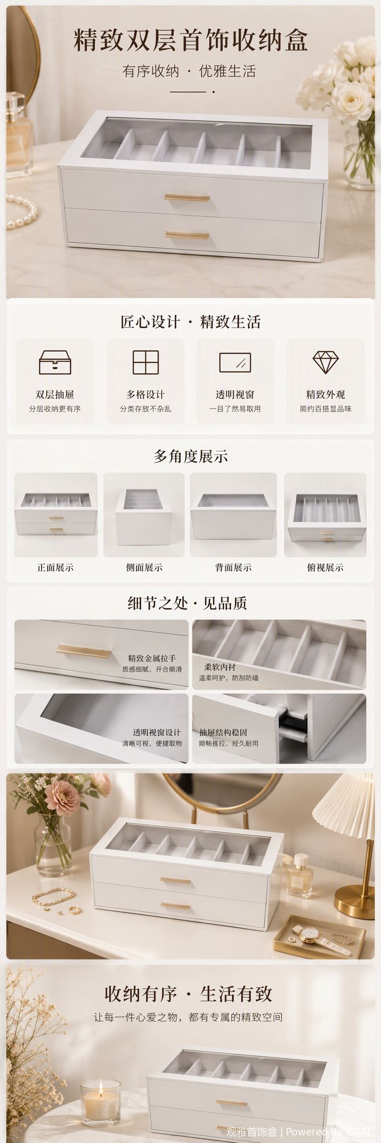 White double-layer drawer-type glass cover jewelry storage box, multi-layer organizing box, jewelry display storage box, and storage box pic 1