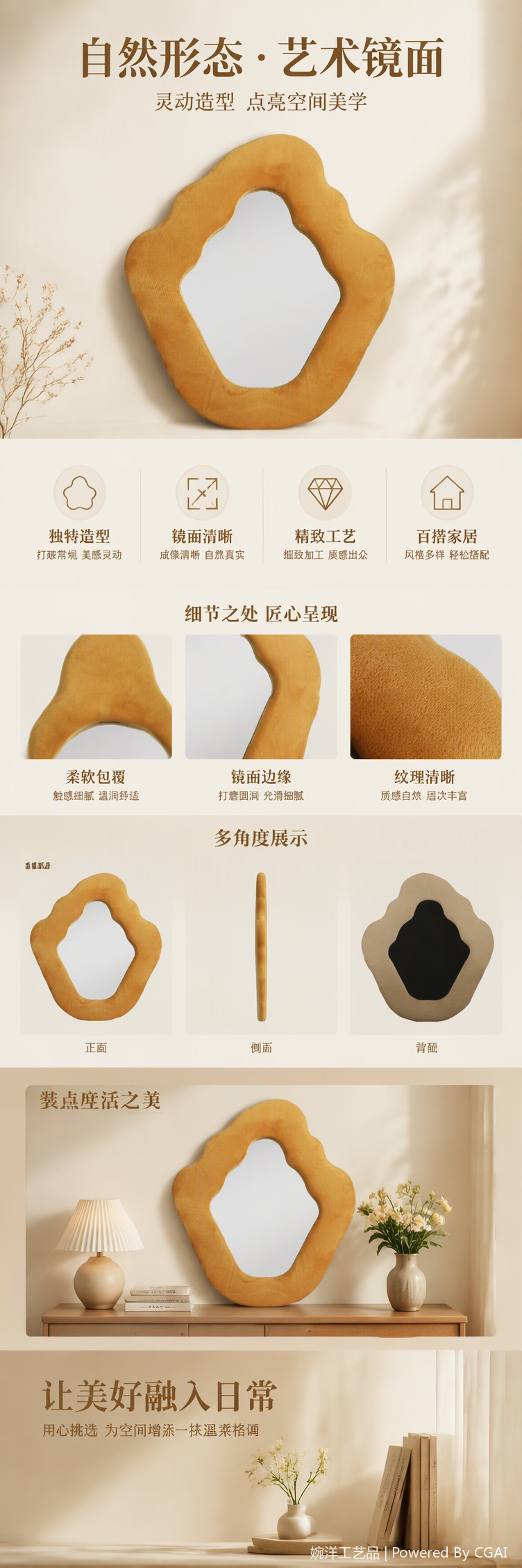 时尚绒面不规则波浪边框装饰镜子家居创意个性墙面装饰品详情1