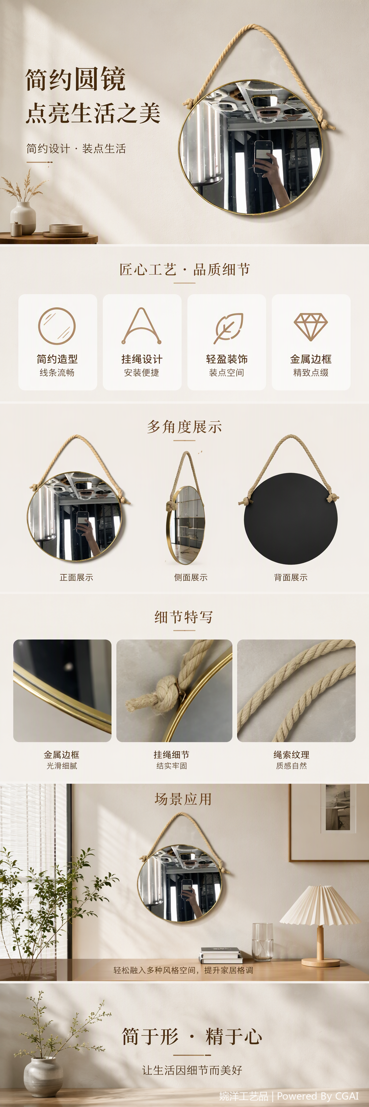 金色边框圆形挂镜粗麻绳悬挂装饰简约现代家居装饰品详情1