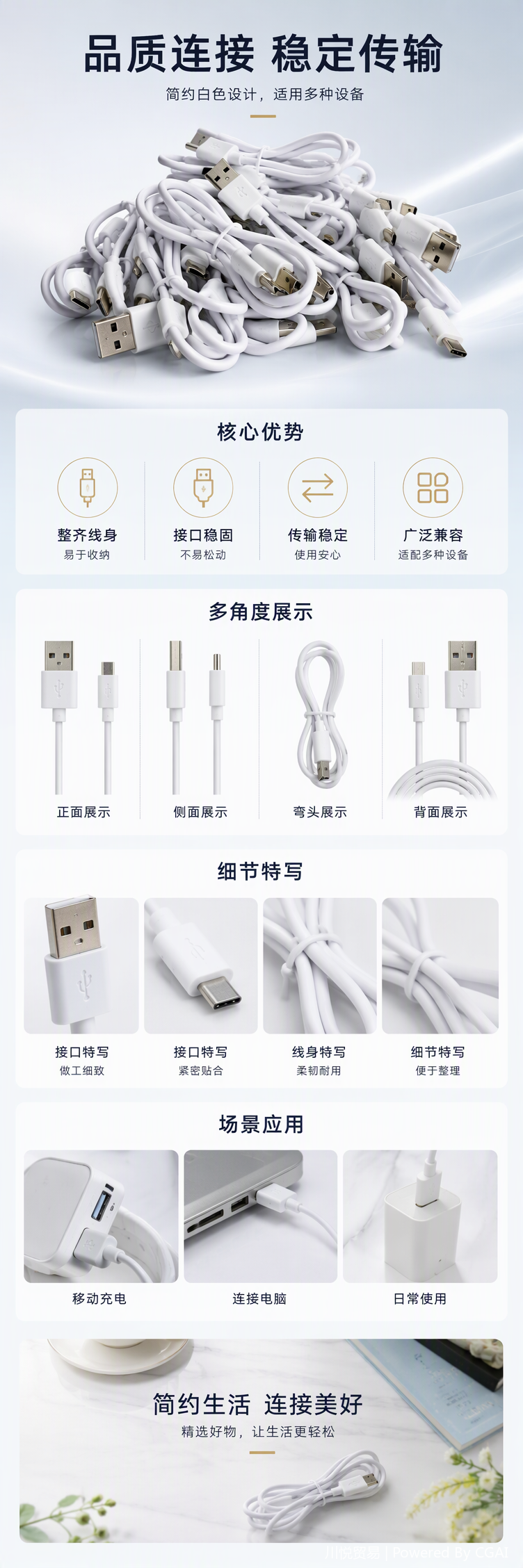 High-quality white USB data cable supports fast charging and transmission. Durable mobile phone and tablet charging cable accessories pic 1