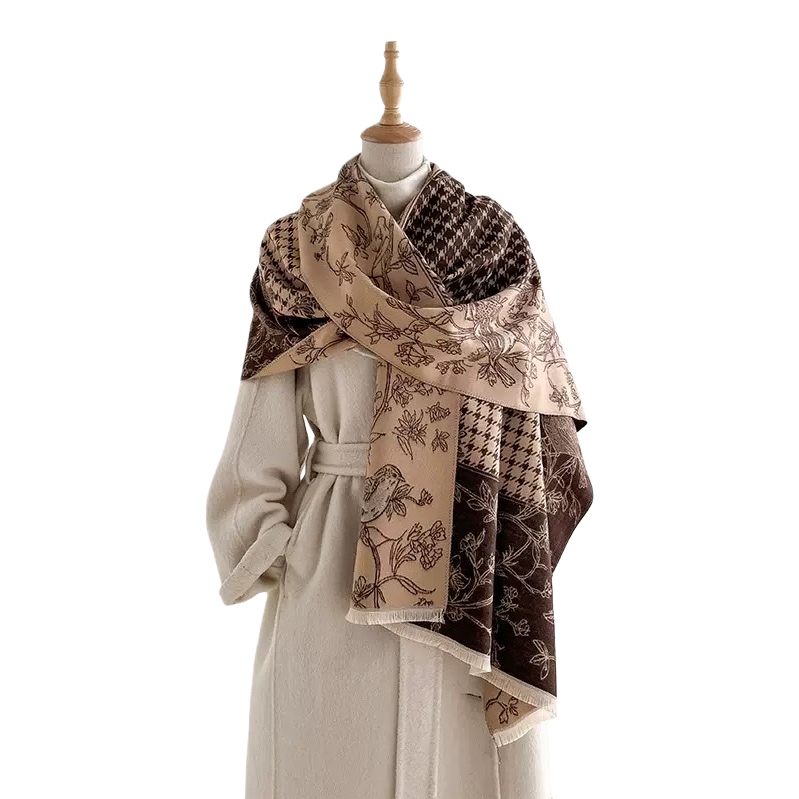 Beige marrón patchwork flores mil pájaros cuadros patrones moda pañuelos modelos personas mostrador versátil otoño invierno Item Picture