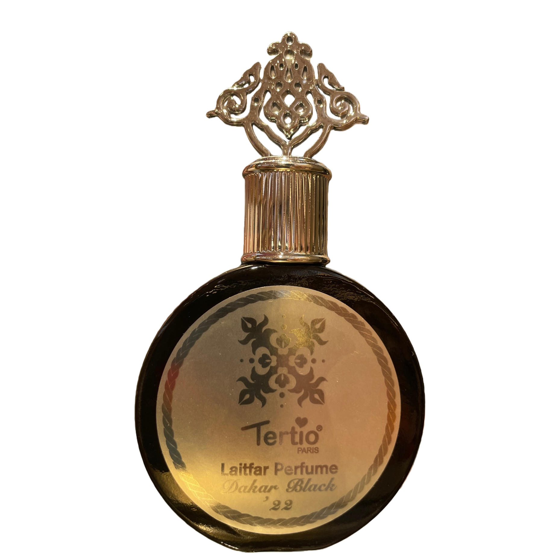 The golden carved bottle cap paired with the black round perfume bottle is an elegant and fashionable fragrance container and a fine decorative item Item Picture