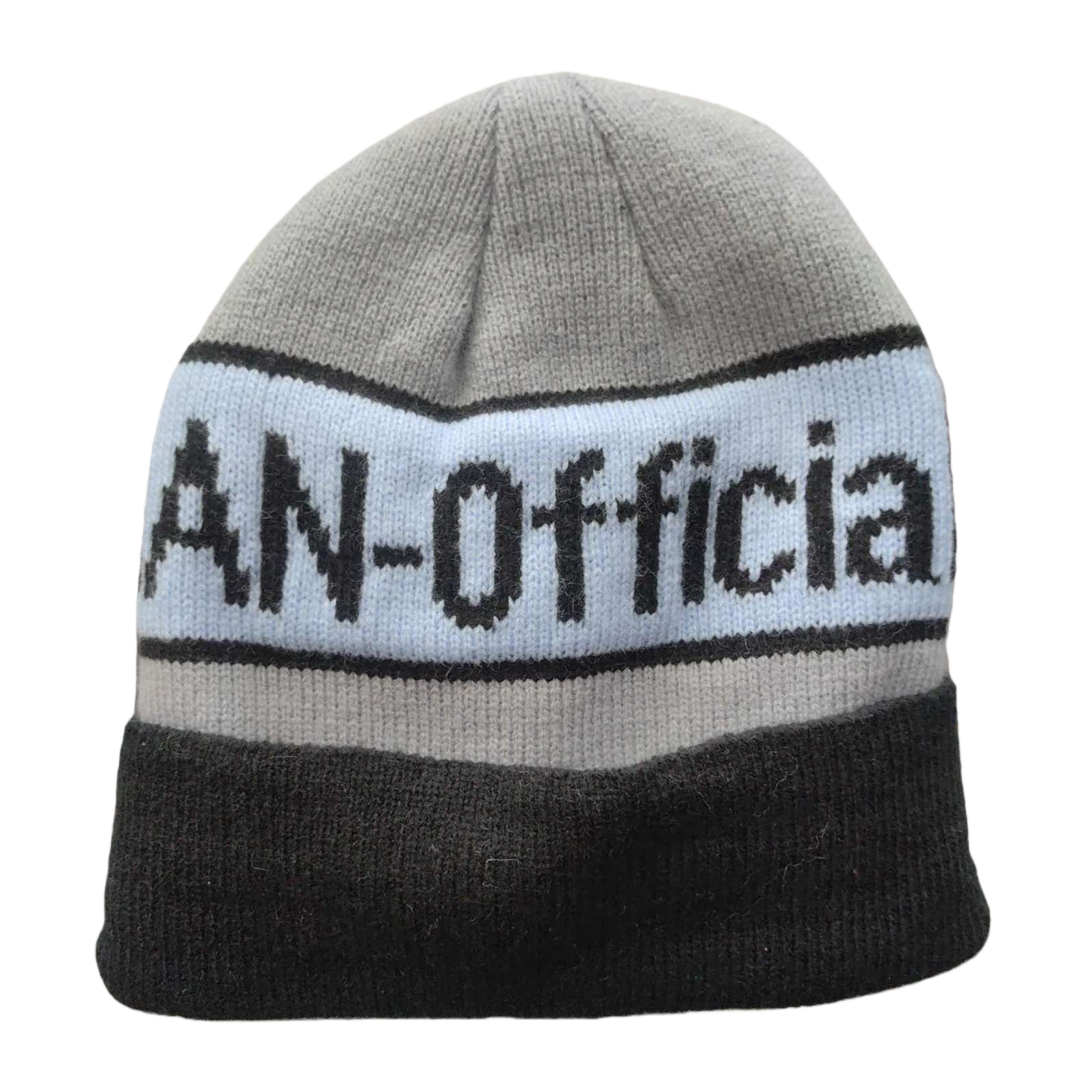 A fashionable grey knitted cap with the AN-Officia logo, a trendy winter hat for casual warmth Item Picture