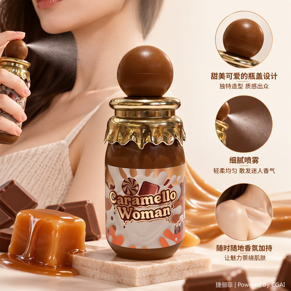 Caramello Woman香水身体喷雾棕色球形瓶盖金色波浪边金属喷头时尚香氛持久清新