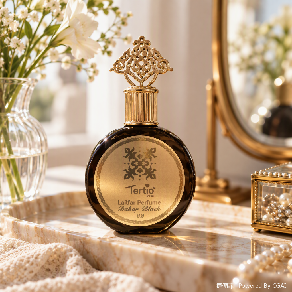 The golden carved bottle cap paired with the black round perfume bottle is an elegant and fashionable fragrance container and a fine decorative item details Picture