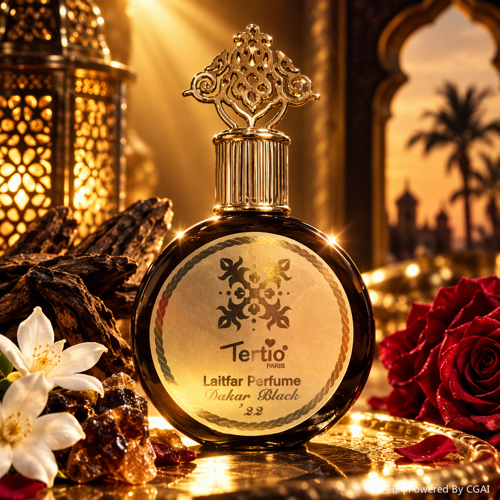 The golden carved bottle cap paired with the black round perfume bottle is an elegant and fashionable fragrance container and a fine decorative item Specification image