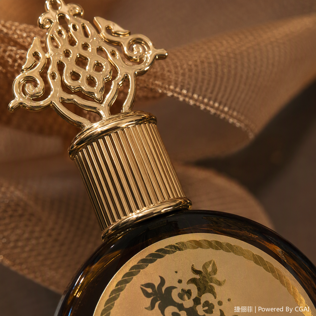 The golden carved bottle cap paired with the black round perfume bottle is an elegant and fashionable fragrance container and a fine decorative item Application Scenario