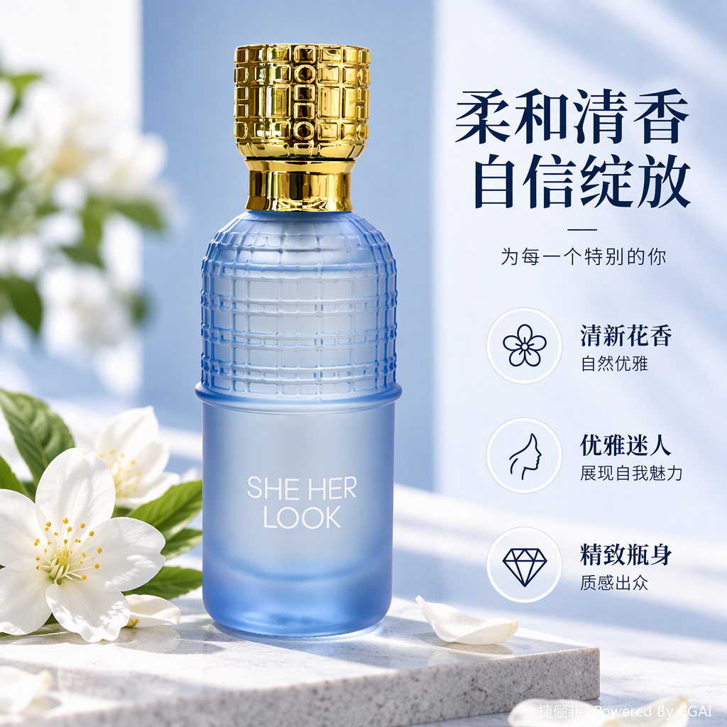 蓝色磨砂玻璃香水瓶金色网格纹理瓶盖时尚优雅精致包装赠品装饰品