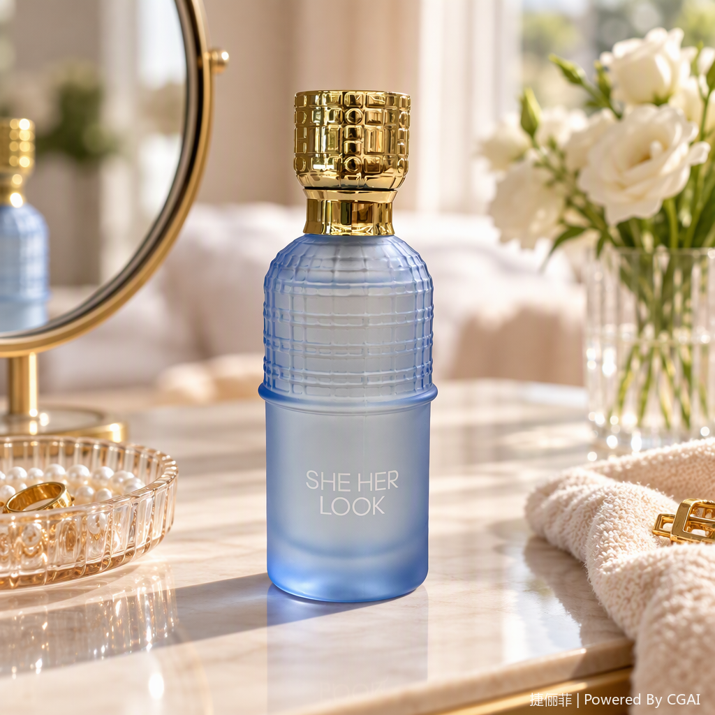 Blue frosted glass perfume bottle, golden grid texture bottle cap, fashionable, elegant and exquisite packaging, gift decoration details Picture