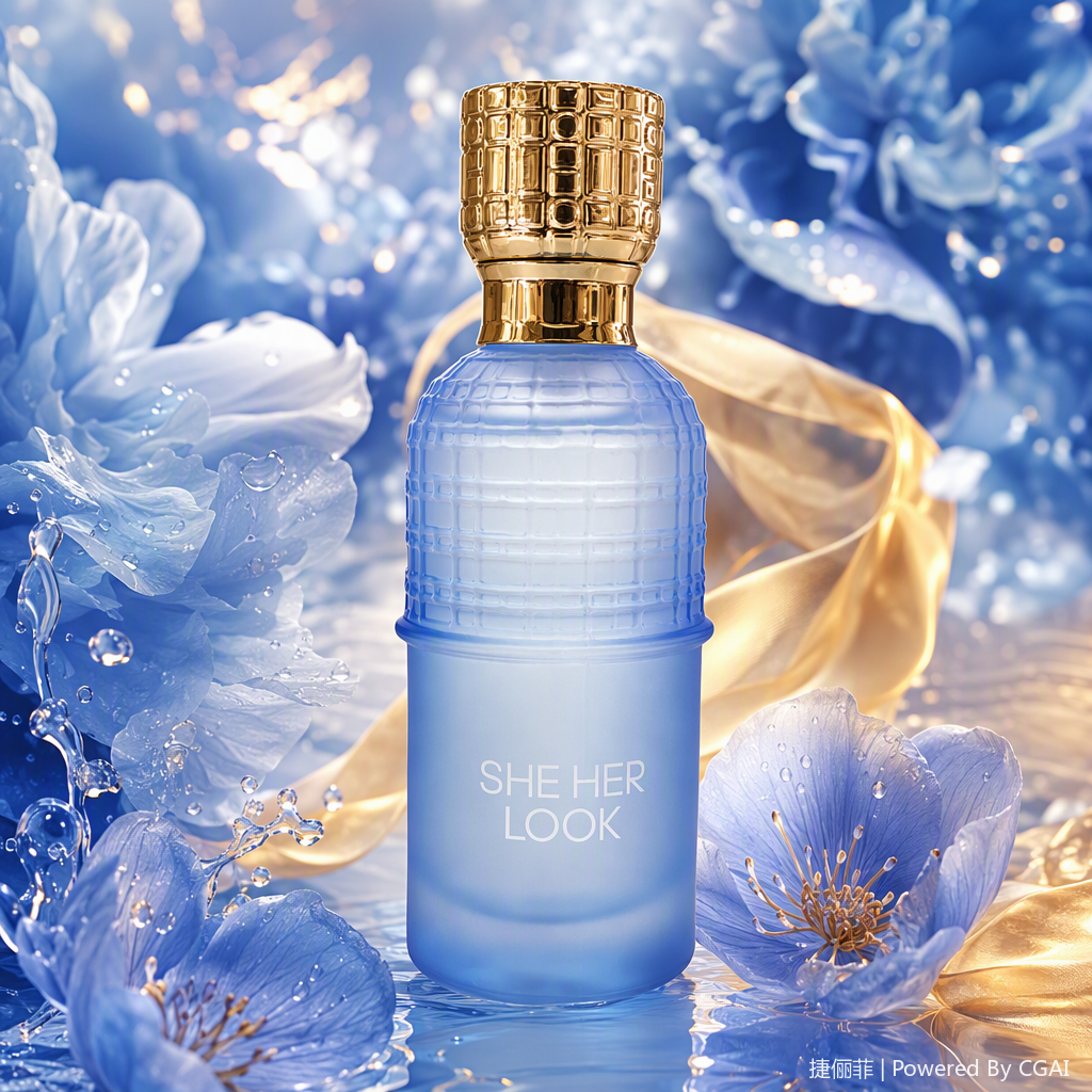 Blue frosted glass perfume bottle, golden grid texture bottle cap, fashionable, elegant and exquisite packaging, gift decoration Specification image