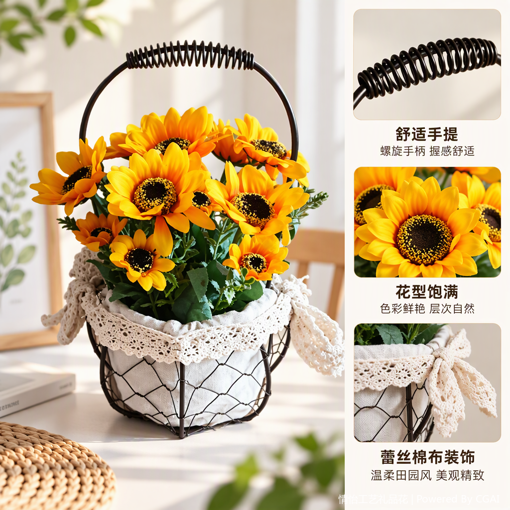 Amarillo girasol hierro forjado cesta de flores decoración del hogar decoración de balcón decoración floral creativa cesta de flores regalo